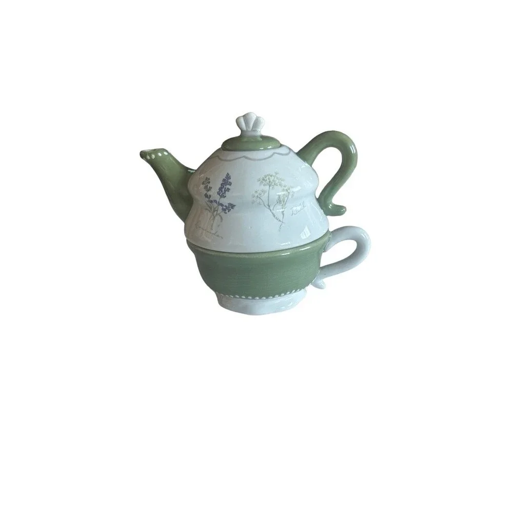 Sonoma Tea set for 1 Stacked Teapot Teacup Herbs Herb Garden 3 pc green/beige